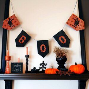 Happy Haunting Halloween Banner Spiders BOO Design Black & Orange Garland 5'3"
